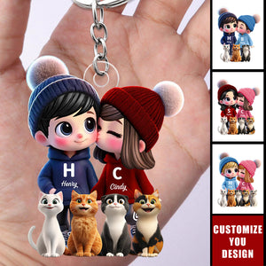 Cute Cartoon Couple You Me And Cute Cartoon Cat Personalized Acrylic Keychain
