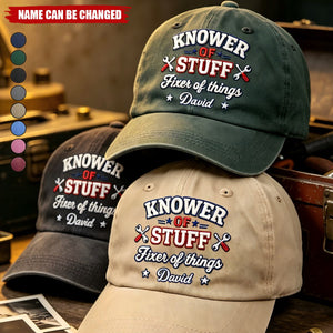 Knower Of Stuff Fixer Of Things Embroidery Effect - Personalized Vintage Washed Denim Cap