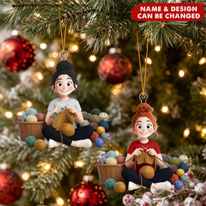 Custom Knitting Girl Christmas Acrylic Ornament - Gift for Knitters
