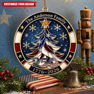 Personalized 250th Anniversary Ornament 1776-2026, American Flag Christmas Tree Decor, Custom Family Name Patriotic Holiday Gift