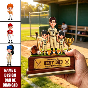 Baseball We Caught The Best Dad - Personalized 2-Layered Wooden Plaque - Father's Day Gift For Dad