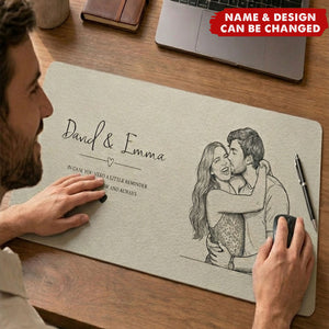 I Love You Now And Always Couple Photo Sketch Line Art - Personalized Desk Mat