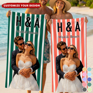 Personalized Multicolor Photo Quick Dry Soft Beach Towel with Name and Text Vacation Beach Party Honeymoon Gift for Newlywed Wife Husband