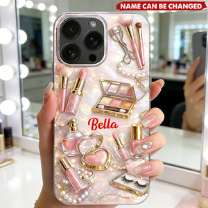 Personalized Makeup Phone Case - Custom Name, Pink Makeup Design