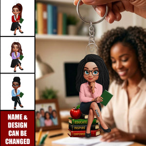 Teach Love Changes Life - Personalized Back to School Trendy Acrylic Keychain - African American Teacher Appreciation Gift