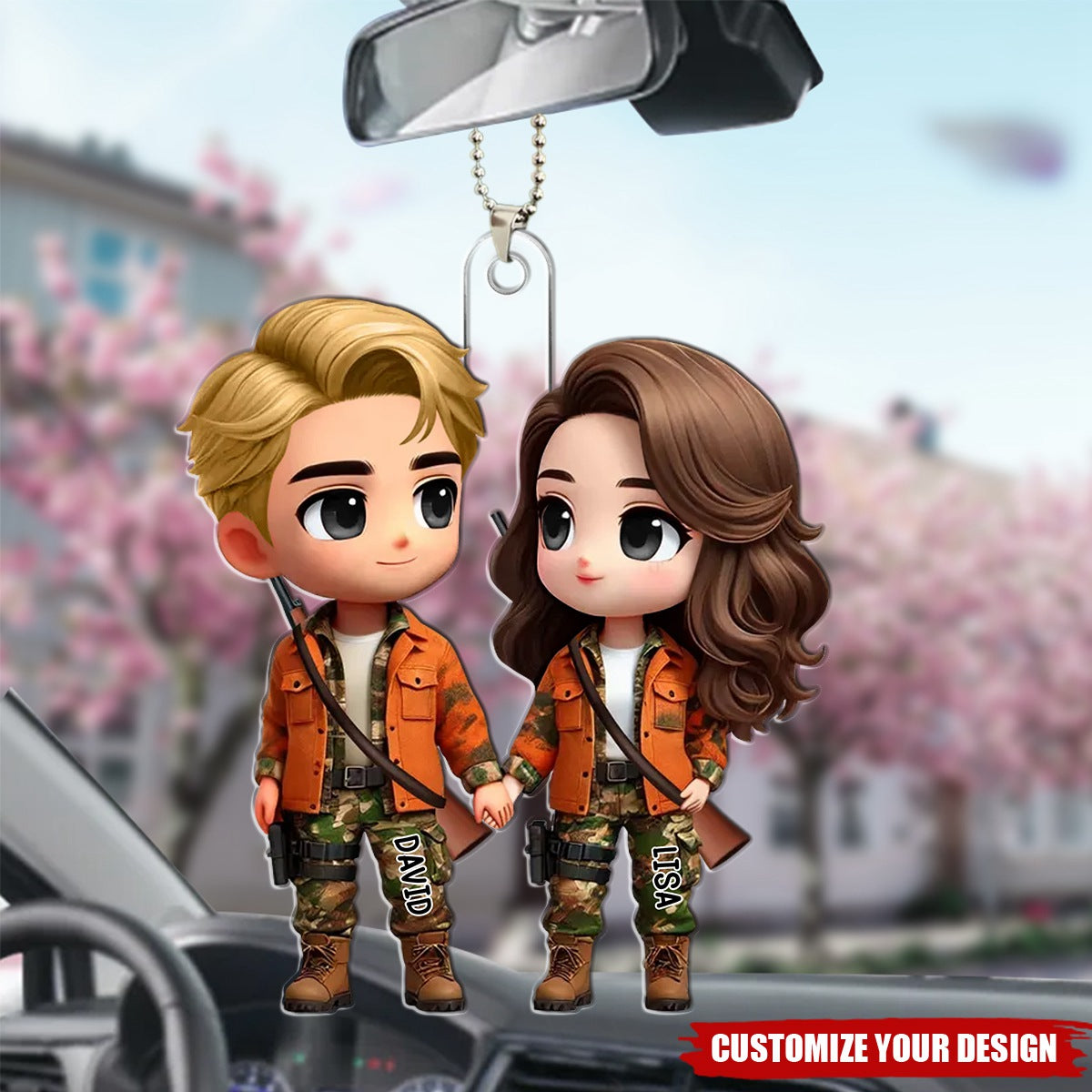 Cute Cartoon Couple Hunting Personalized Acrylic Car Ornament, Gift for Couple