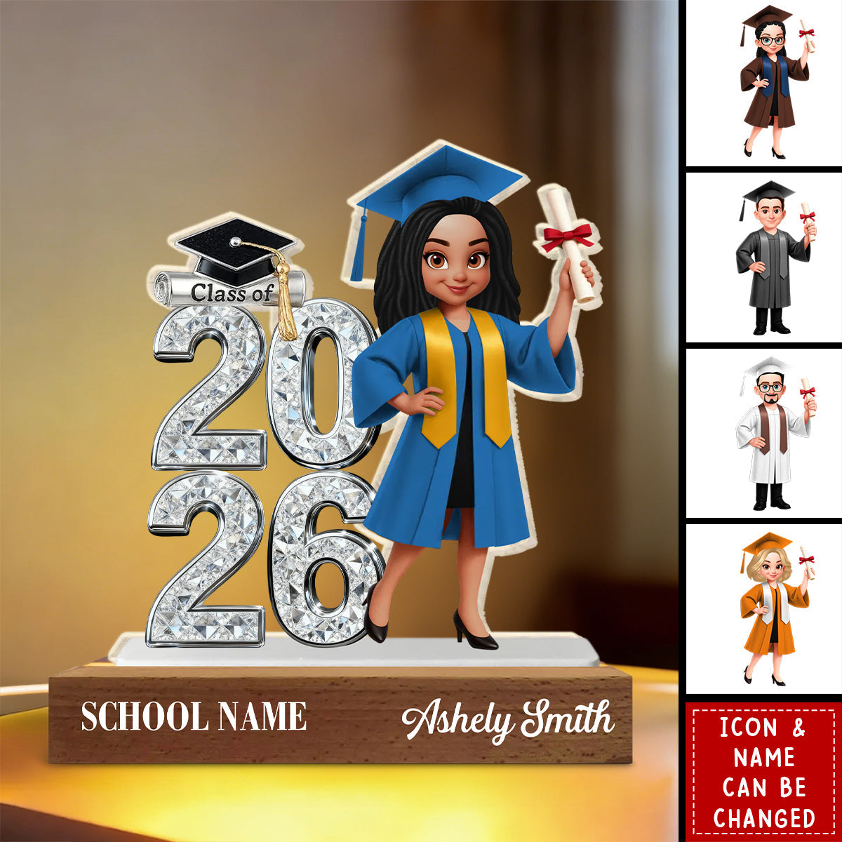 Class Of 2026 2027 Shiny Effect 2D Flat - Personalized Acrylic Block LED Night Light - Graduation Gift