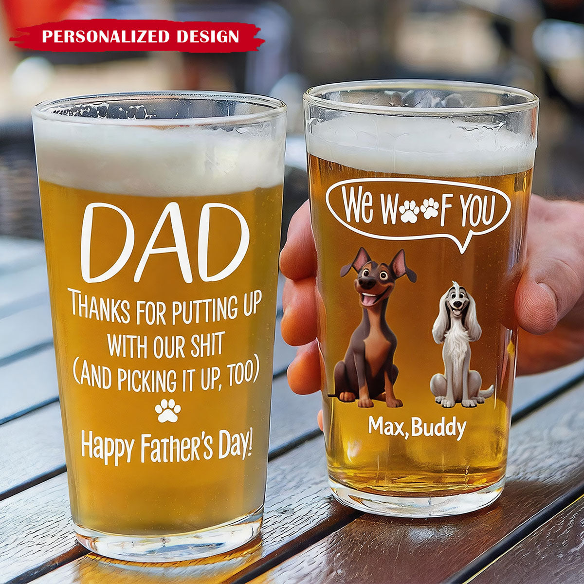 Father's Day Gifts, Thanks Dad We Woof You New Version - Personalized Beer Glass
