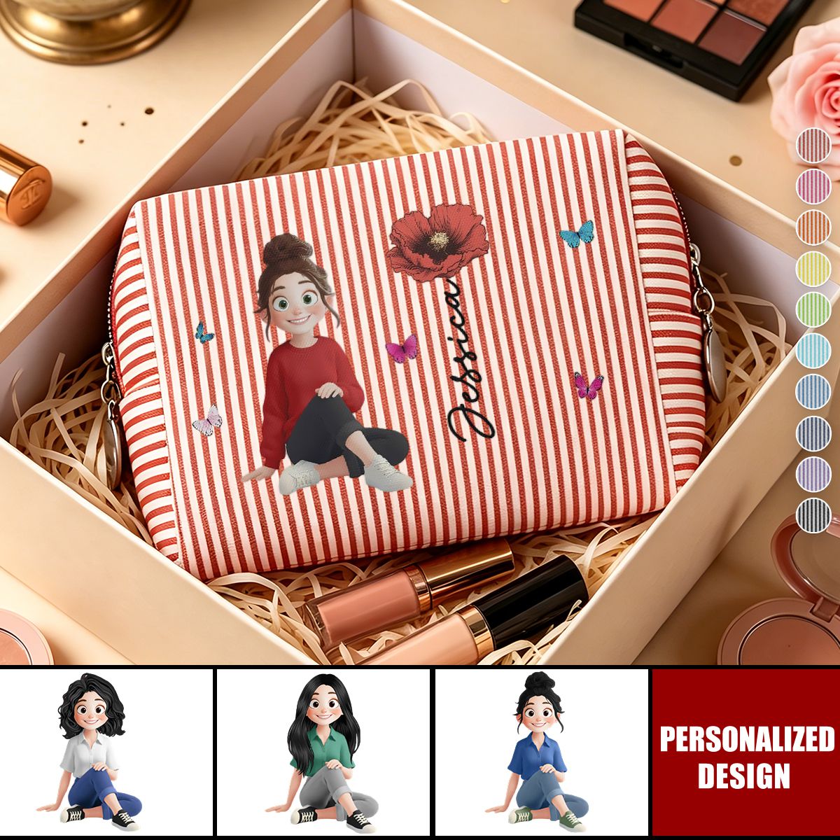 Custom Birth Flower - Name And Cute Cartoon Designs For Her - Personalized Makeup Bag