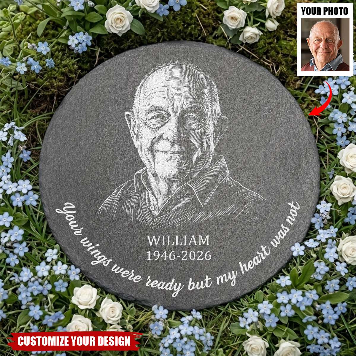 Memorial Gifts Custom Photo Sketch Line Art Your Wings Were Ready - Personalized Stone