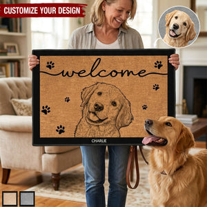 Custom Pet Portrait Sketch Line Art Welcome Home - Personalized Doormat