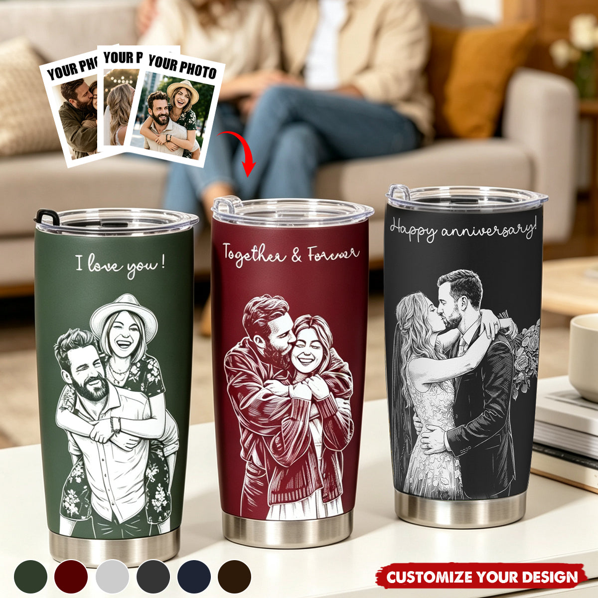 Custom Couple Photo Sketch Line Art Anniversary Gift For Him, Her - Personalized Tumbler Cup