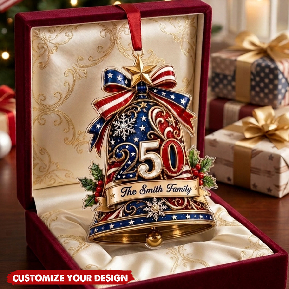 Personalized 250th America Christmas Ornament, Custom Family Name Patriotic Bell Ornament, USA 250 Anniversary Acrylic Christmas Tree Decor