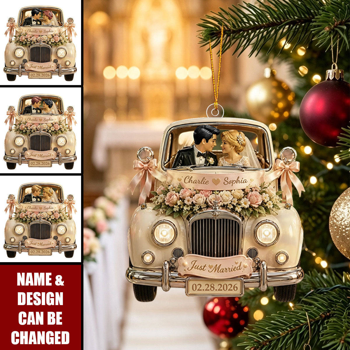 Personalized Just Married Wedding Car Acrylic Ornament, Newlywed Gift