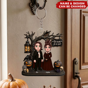 Couple Standing Under Spooky Halloween Tree - Personalized Couple Acrylic Keychain