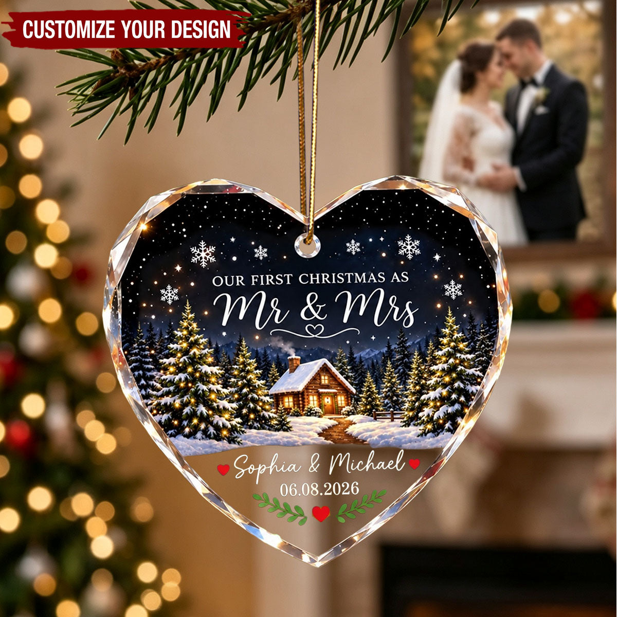 Our First Christmas As Mr Mrs Winter Cabin House - Personalized Glass Ornament