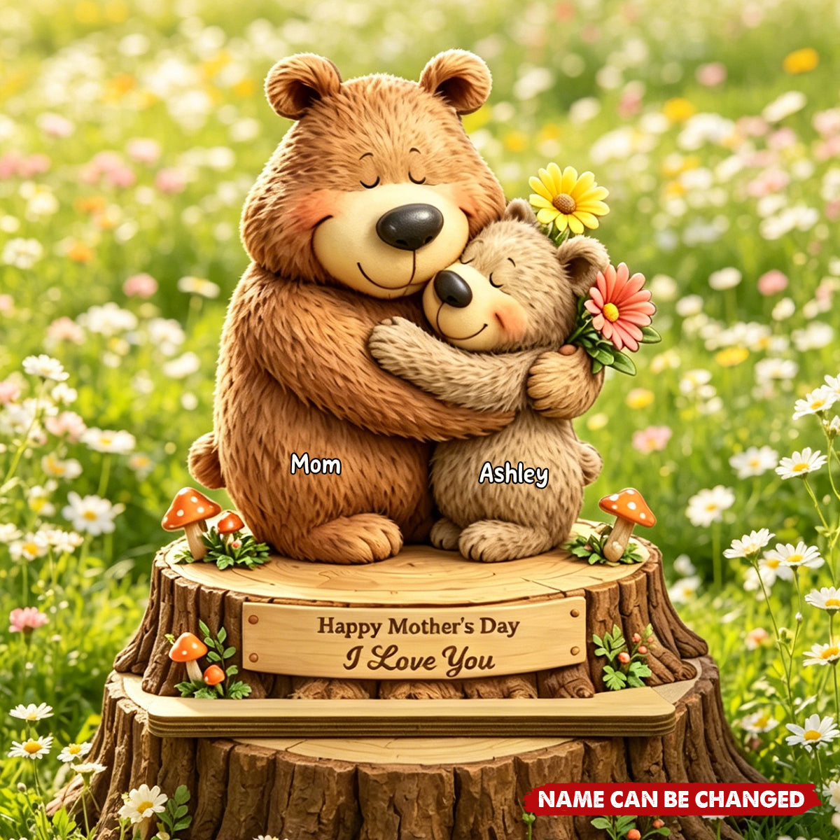 Loving Bears Mom & Kids - Personalized 2-Layered Wooden Plaque - Heartfelt Mother's Day Gift for Mom