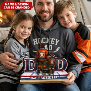 Hockey Dad And Kids Together - Personalized 2-Layered Wooden Plaque - Heartfelt Gift For Hockey Dad, Gift For Husband