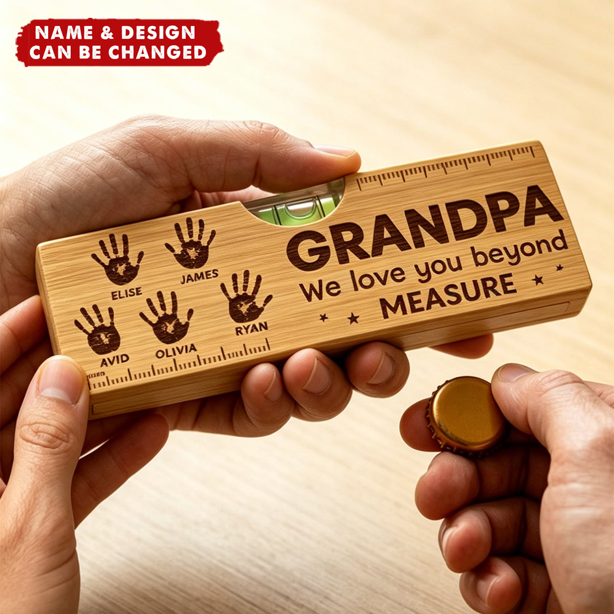 Custom Wooden Bottle Opener With Built-in Spirit Level - Personalized Father's Day Birthday Gifts For Dad, Grandpa - Dad Makes Everything Better