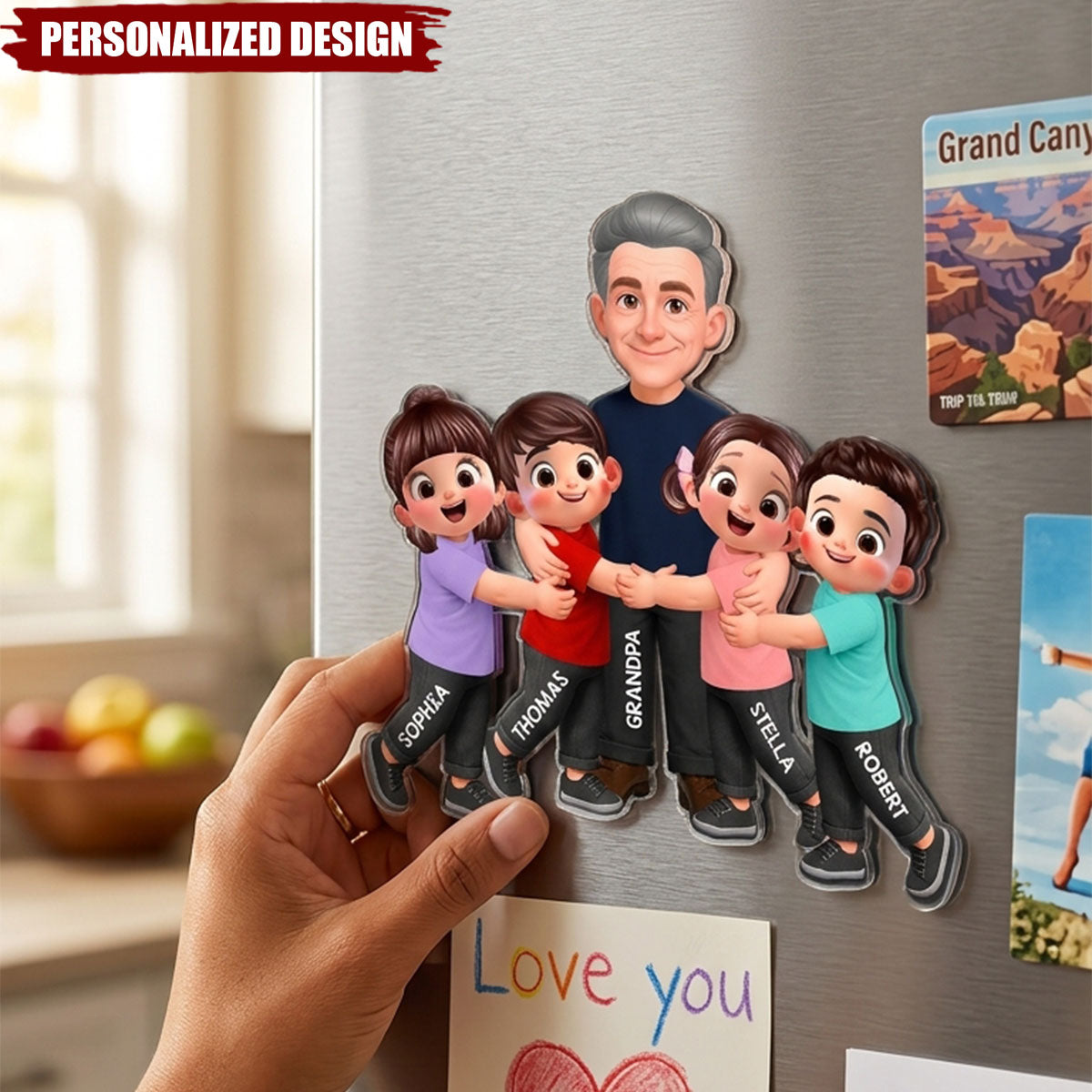 Grandpa Dad Hugging Kids Grandkids - Personalized Acrylic Fridge Magnet - Father's Day Gift For Grandpa, Dad