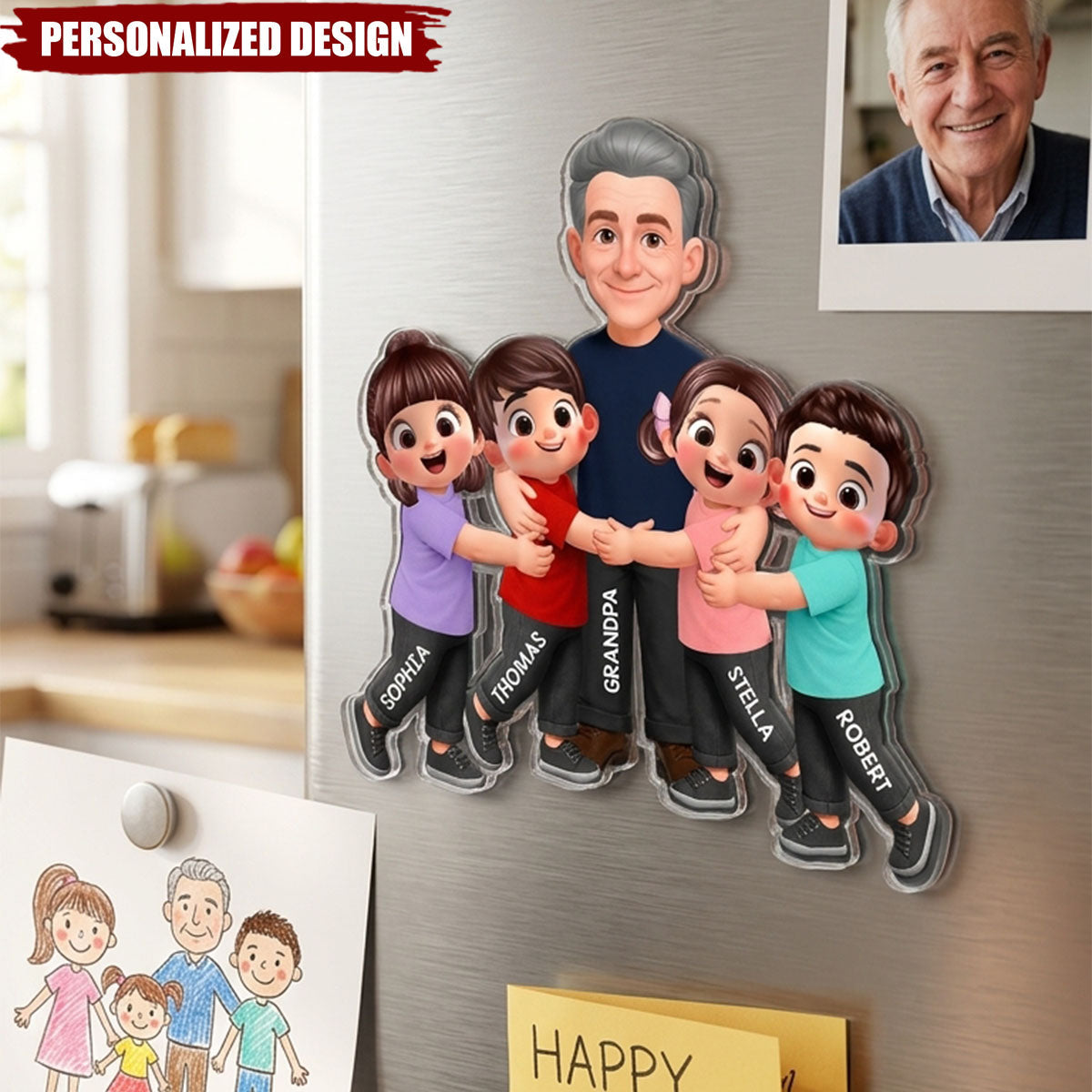 Grandpa Dad Hugging Kids Grandkids - Personalized Acrylic Fridge Magnet - Father's Day Gift For Grandpa, Dad