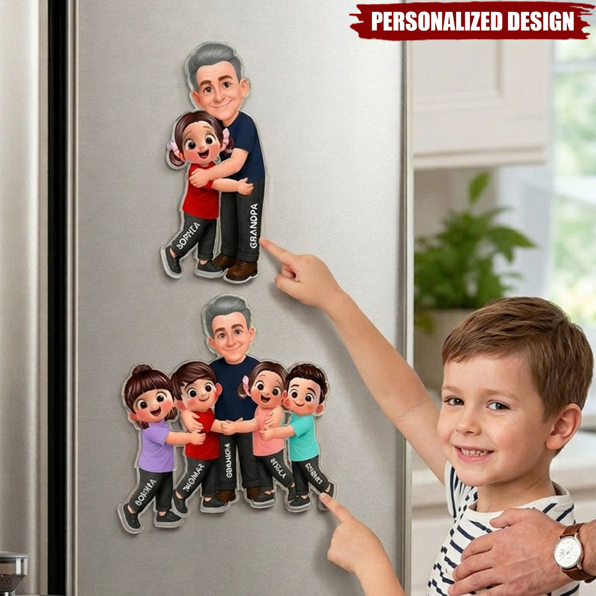 Grandpa Dad Hugging Kids Grandkids - Personalized Acrylic Fridge Magnet - Father's Day Gift For Grandpa, Dad