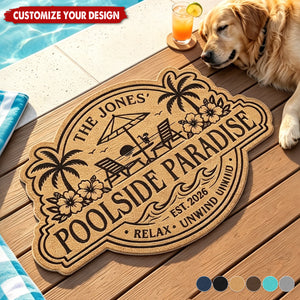 Custom Poolside Shaped Doormat - Personalized Summer Vacation And Travel Gifts For Mom, Dad, Brother, Sister, Kids - Welcome To Our Happy Place