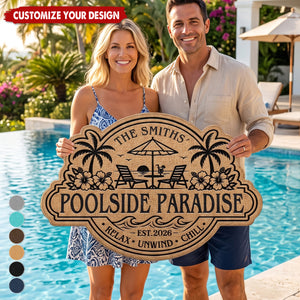Custom Poolside Shaped Doormat - Personalized Summer Vacation And Travel Gifts For Mom, Dad, Brother, Sister, Kids - Welcome To Our Happy Place